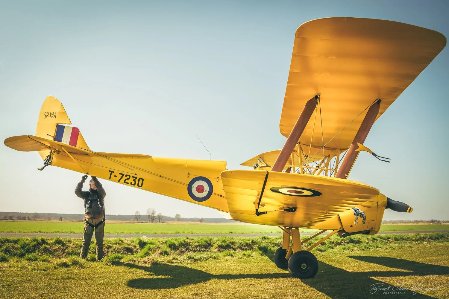 A person standing beneath a bright yellow vintage biplane on a grassy airfield during daytime.