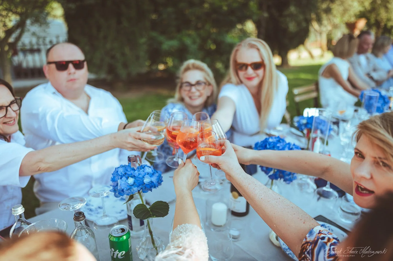 People gathered at an outdoor celebration raising glasses of rosé wine with smiles, sitting at a table decorated with blue hydrangea flowers, with trees and sunlight in the background.