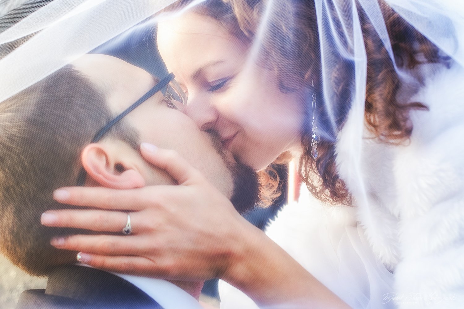 A bride and groom sharing a kiss beneath a wedding veil.