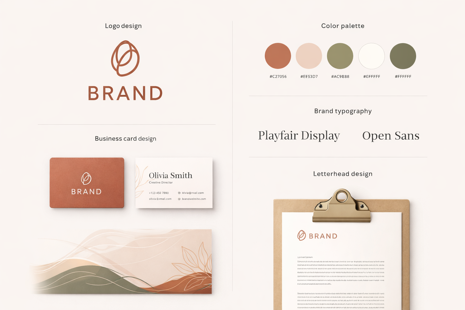 Design brand identity presentation board featuring a logo design, color palette, business card mockups, brand typography in Playfair Display and Open Sans, and a letterhead on a clipboard.