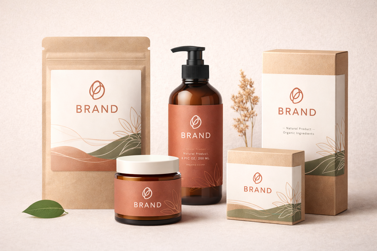 Natural skincare product packaging including a paper bag, a pump bottle, a jar, and two boxes, all featuring minimalist labels with a logo, leaf illustrations, and earthy tones on a neutral background.