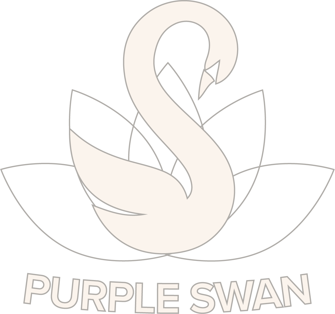 A stylized white swan with an elegant curved neck, set against a black background. The swan is surrounded by a minimalist outline of lotus leaves, and the words "PURPLE SWAN" are displayed below in capital letters.