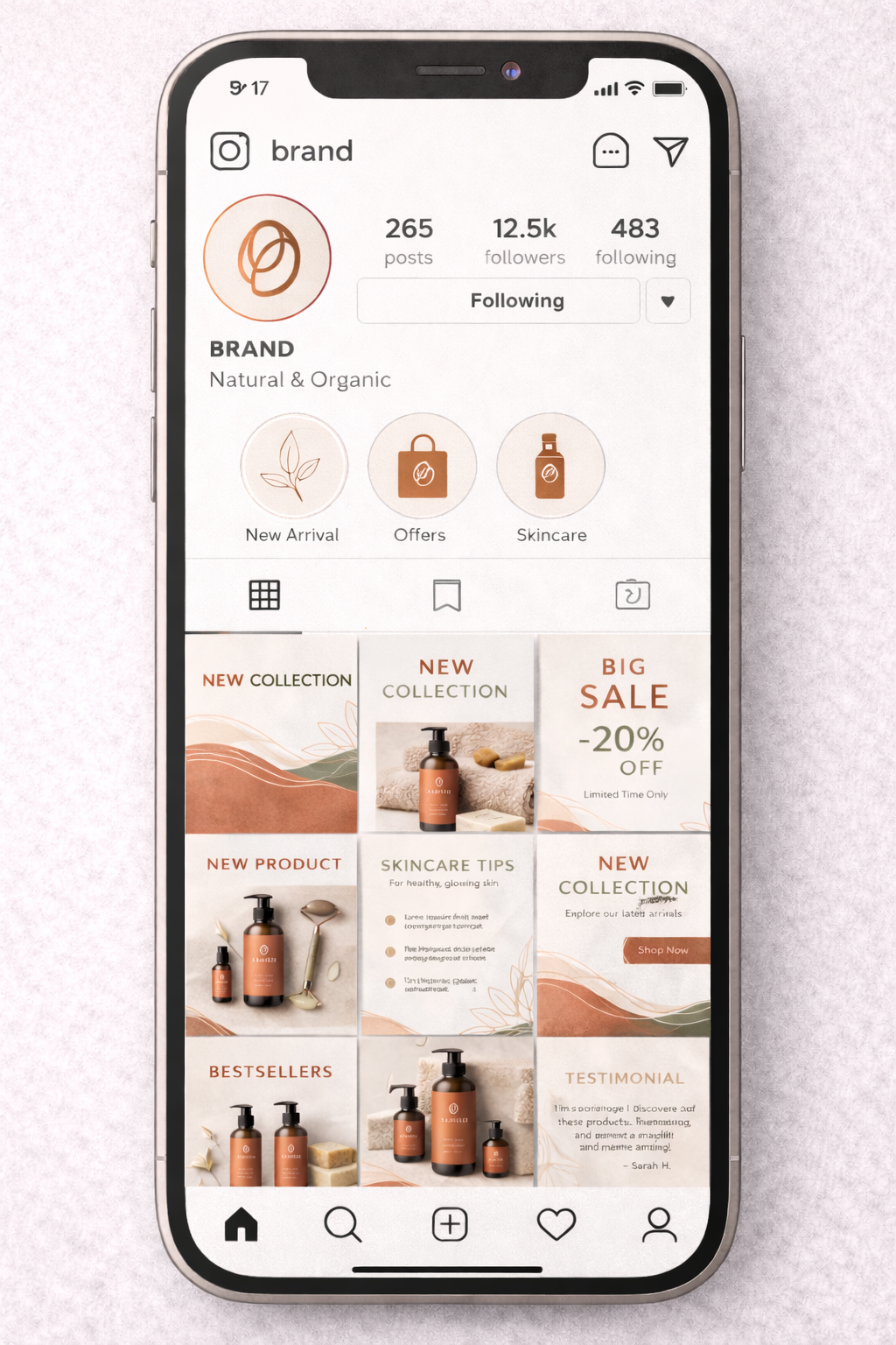 Instagram profile page of a natural and organic skincare brand showing posts about new collections, products, a sale, and customer testimonials on a smartphone screen.