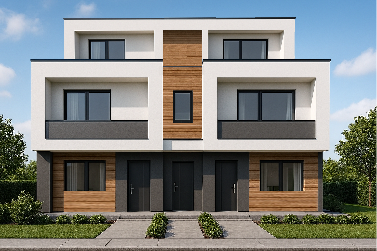 Edificio residenziale moderno a tre piani con facciata bianca, dettagli in legno e balconi, su un marciapiede con erba e alberi circostanti