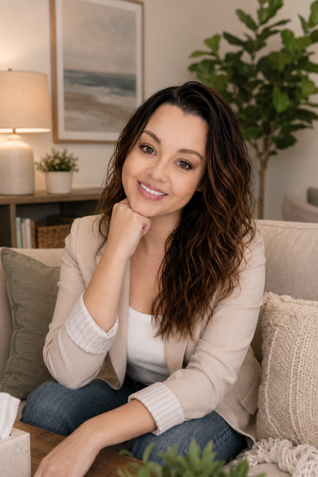 A smiling woman with wavy brown hair, sitting on a beige couch in a cozy living room, resting her chin on her hand.