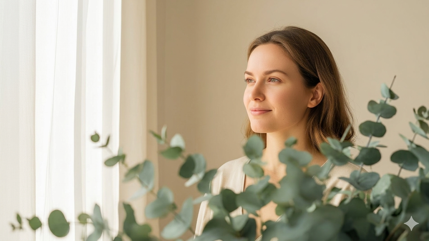 A woman looking out the window with sunlight on her face, surrounded by green eucalyptus leaves.
