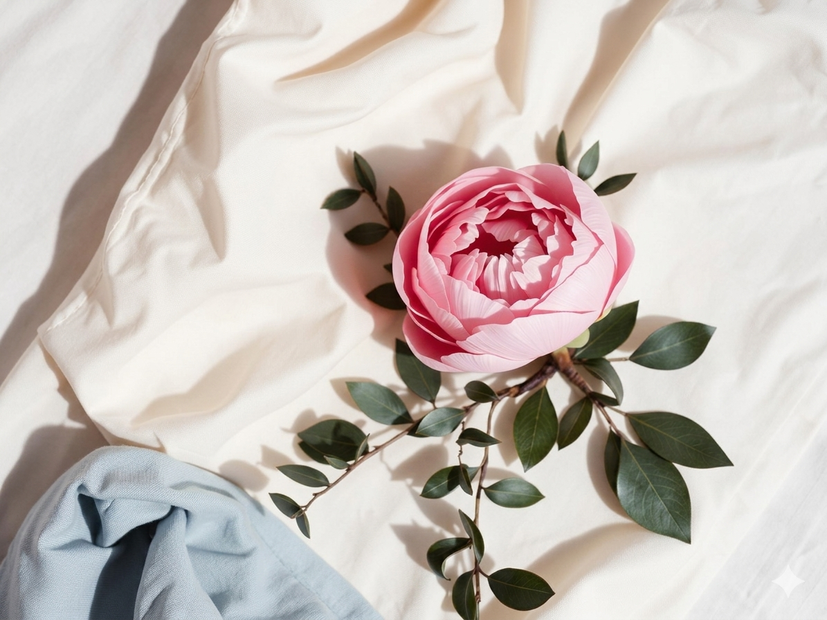 A pink peony flower with green leaves on a cream-colored fabric background.