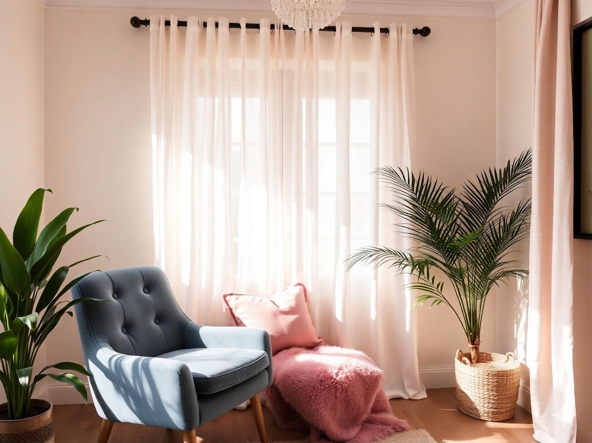 A cozy corner with a light blue armchair, pink pillow and blanket, and two large green potted plants in a sunlit room.