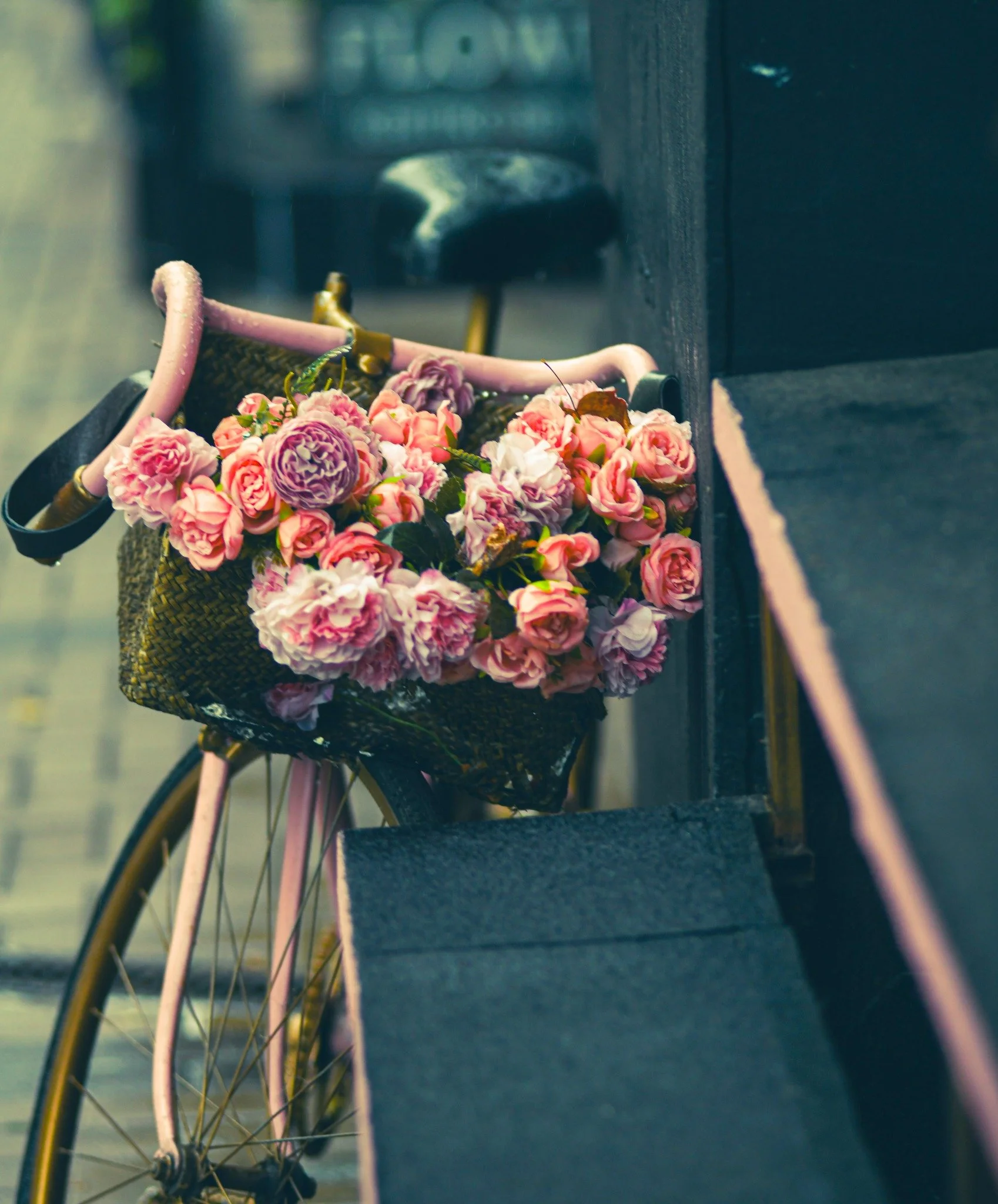 A pink bicycle with a basket of pink and white flowers leaning against a black wall on a sidewalk.