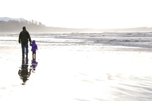A person holding hands with a child while walking on a beach with waves and distant tree-covered hills.
