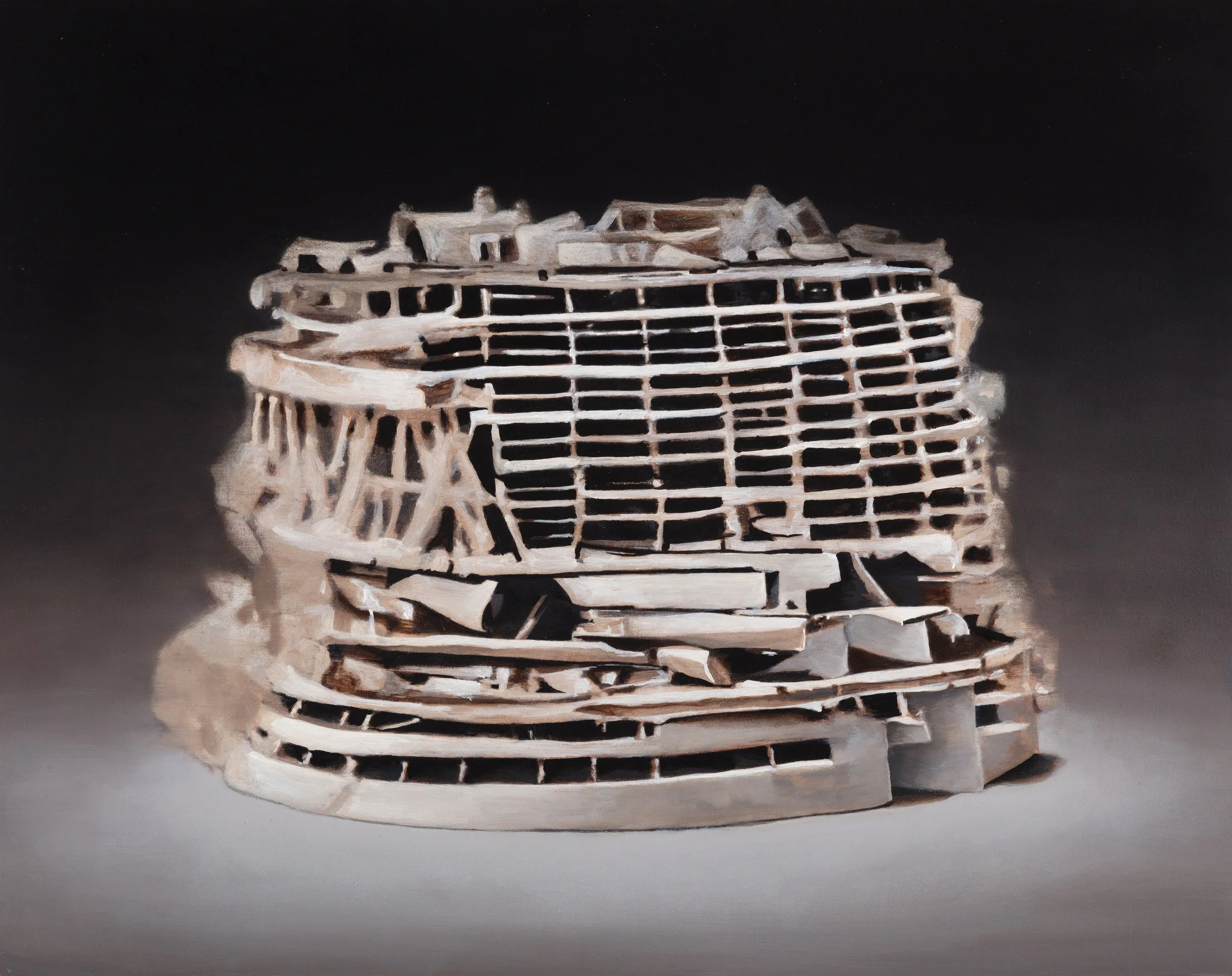 Tales of progress and ruin, oil on board, 35.5 x 43 cm