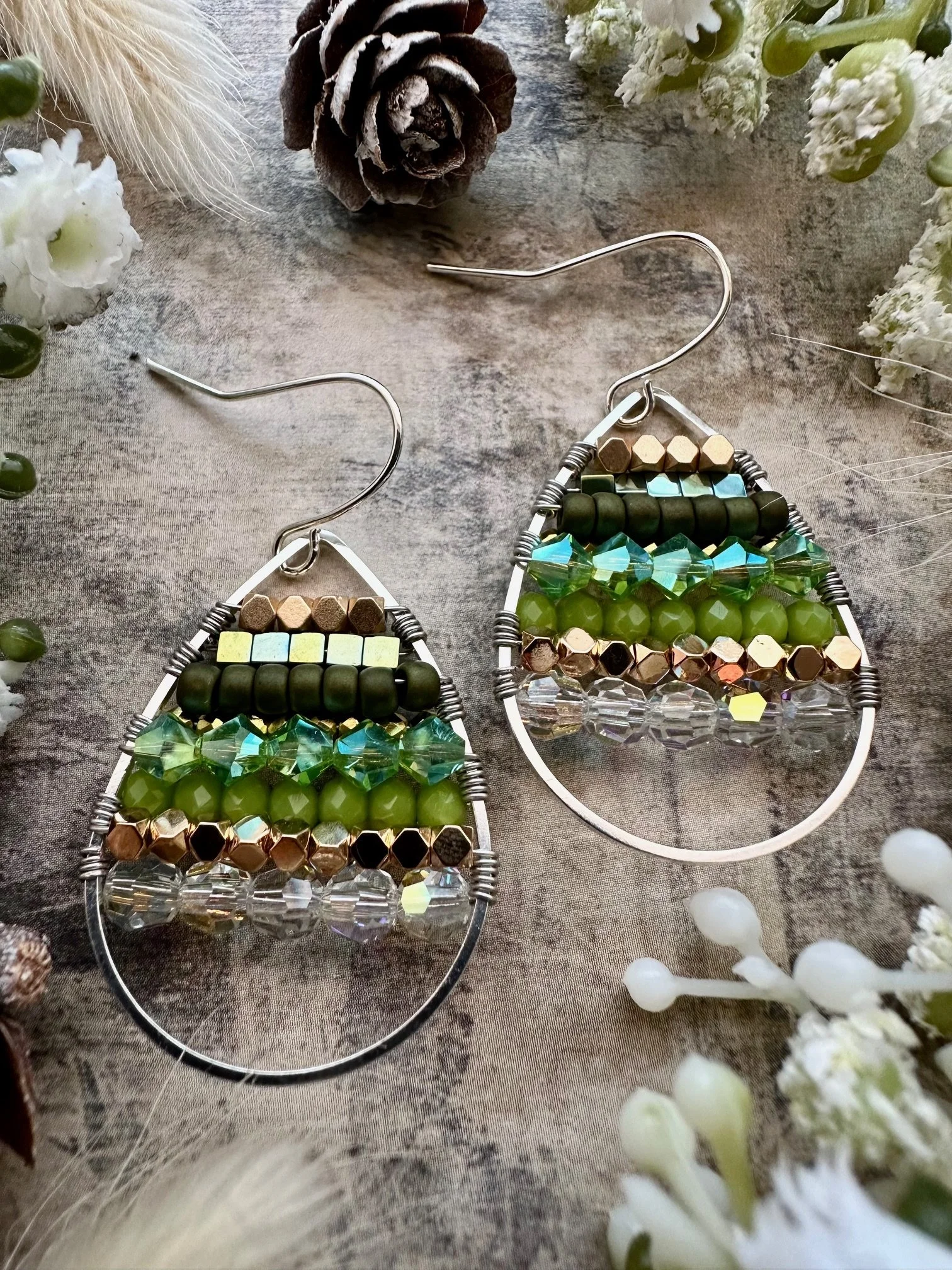 Green & Gold Nature-Inspired Teardrop Earrings