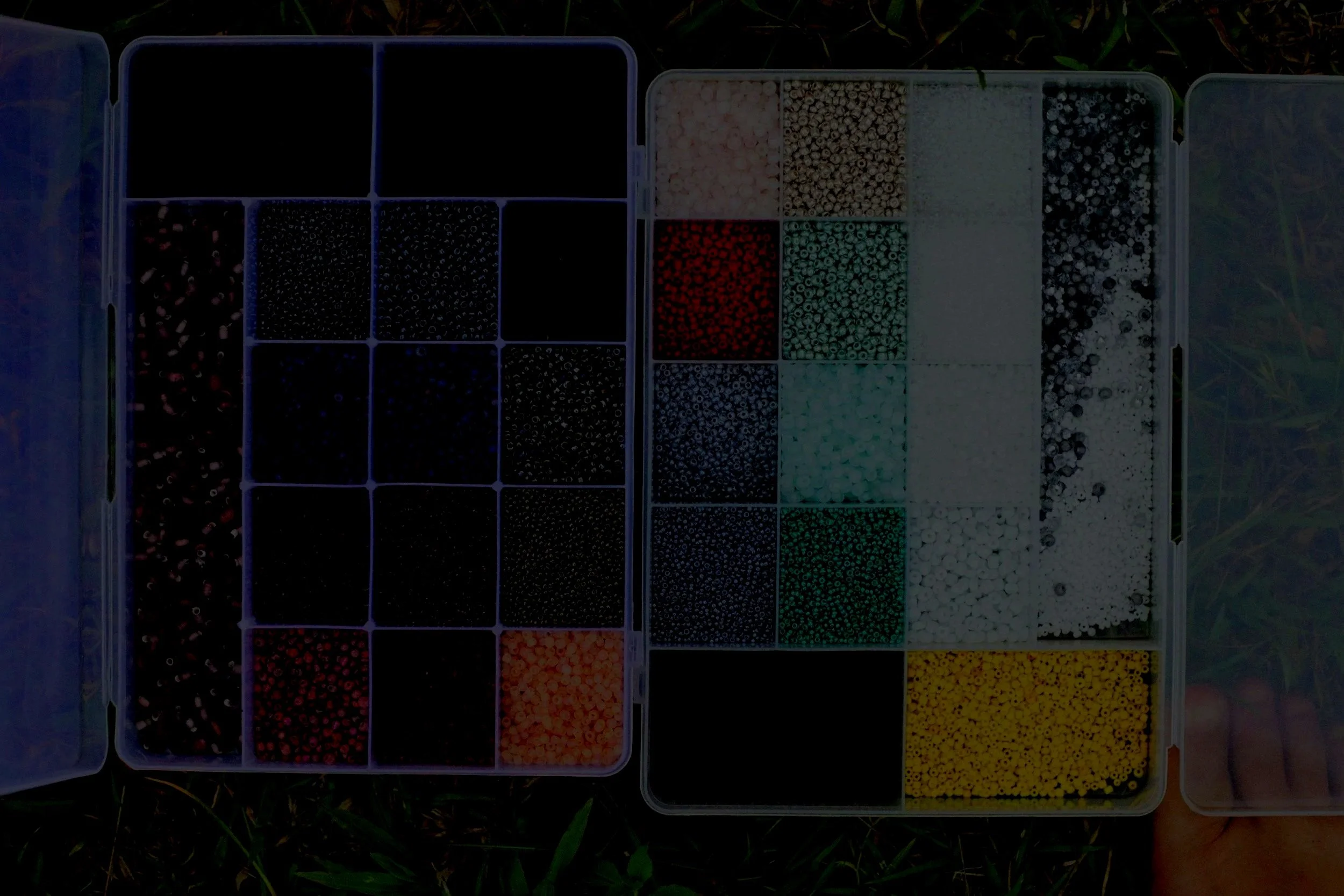 A plastic container with multiple compartments filled with varied small beads of different colors.