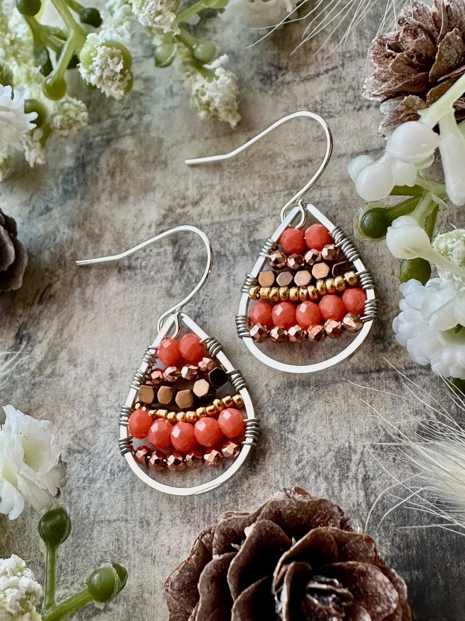 Autumn Ember - Handcrafted Beaded Teardrop Earrings