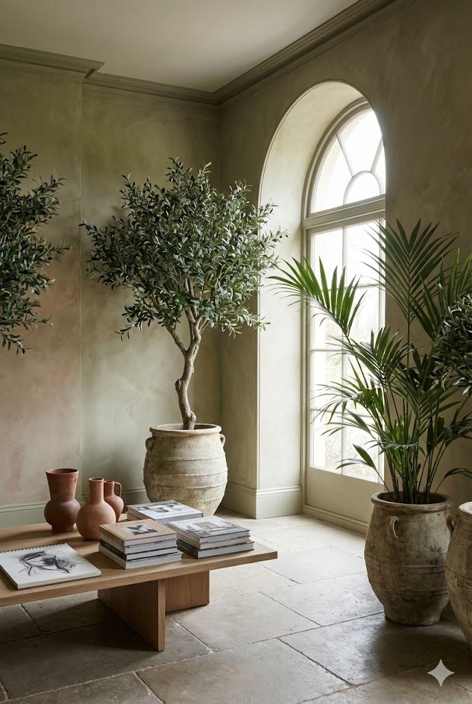Interior space with large potted trees near a tall arched window, wooden coffee table with books, and terracotta vases on the floor.