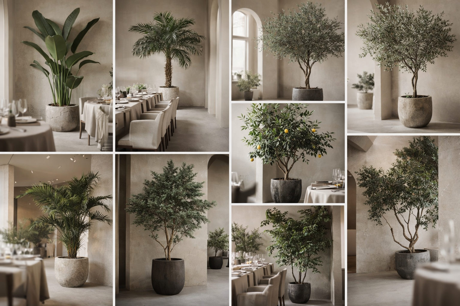 Collage of various indoor plants and trees in large pots, set in an elegant, neutral-toned restaurant or dining space with beige walls and natural light.
