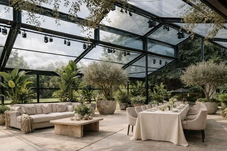 Luxurious indoor greenhouse with glass walls and ceiling, decorated with potted plants, a large cream-colored sofa, a dining table with beige chairs, and a rustic coffee table.