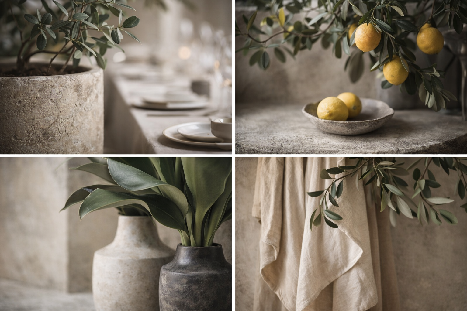 Decorative table setting with potted plants, a bowl of lemons, ceramic vases, and linen fabric on a textured surface with greenery.