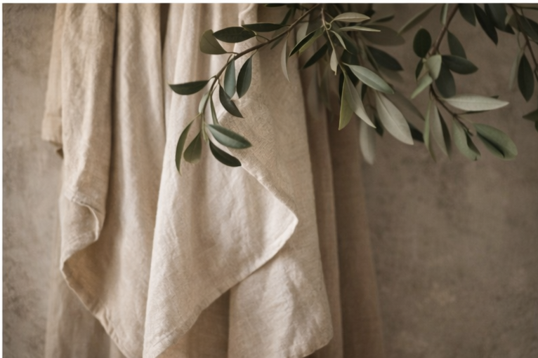 Beige linen fabric hanging next to a green leafy plant.