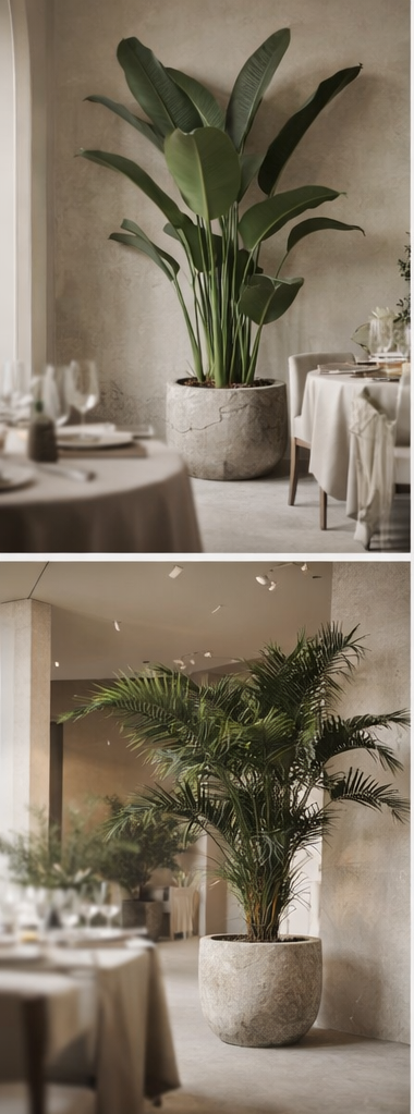 Two potted green plants in a restaurant or cafe, one with large leaves and the other with feathery foliage, situated near tables with white tablecloths and glassware.