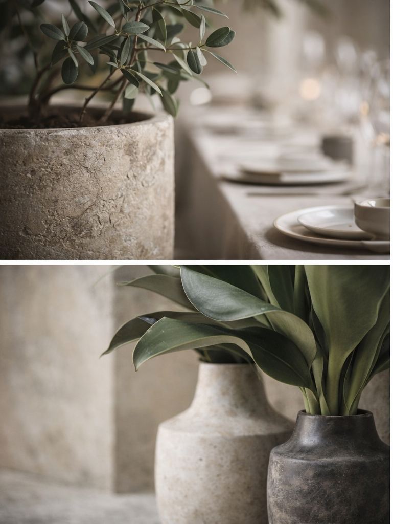 Close-up of two vases with green leafy houseplants, one with broad leaves and the other with smaller oval-shaped leaves, on a textured surface in a softly lit indoor setting.