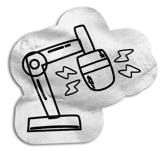 Simple line drawing of a robotic arm with lightning bolts and a bubble surrounding it, indicating a drone or machinery.