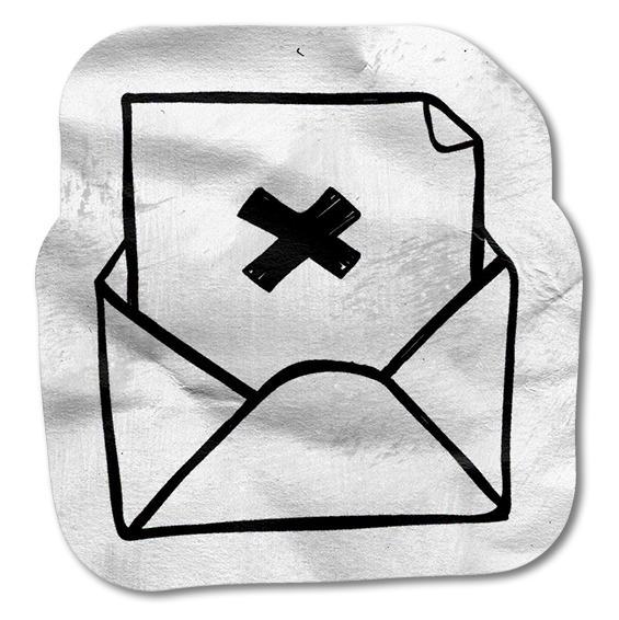A black and white drawing of an envelope with a paper inside, showing a large black X on the paper.