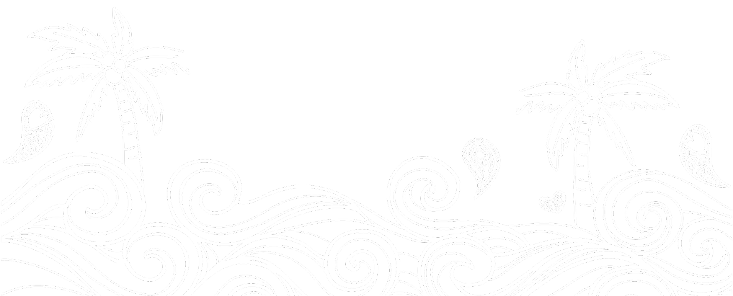White line drawing of a tropical scene with two palm trees, stylized ocean waves, and small decorative elements on a black background.