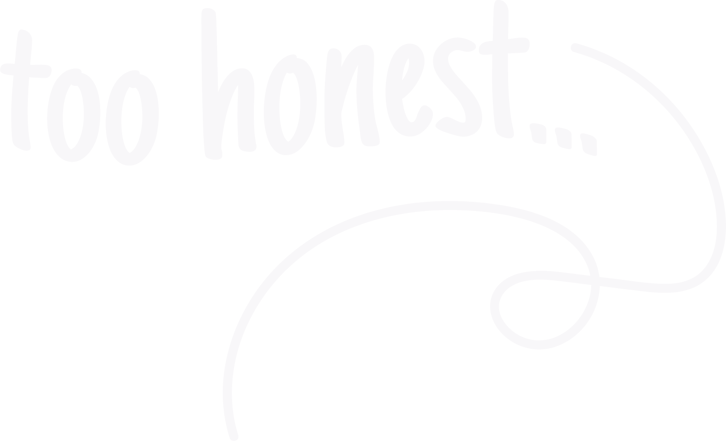 White text on black background that says 'too honest...' in a handwritten style.