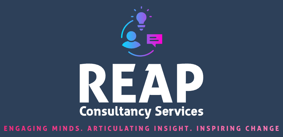 REAP Consultancy Logo- dark blue rectangle with graphics of lightbulb, person, speech box and works REAP Consultancy Services in white text and 'Engaging Minds, Articulating Insight, Inspiring Change' text in pink.