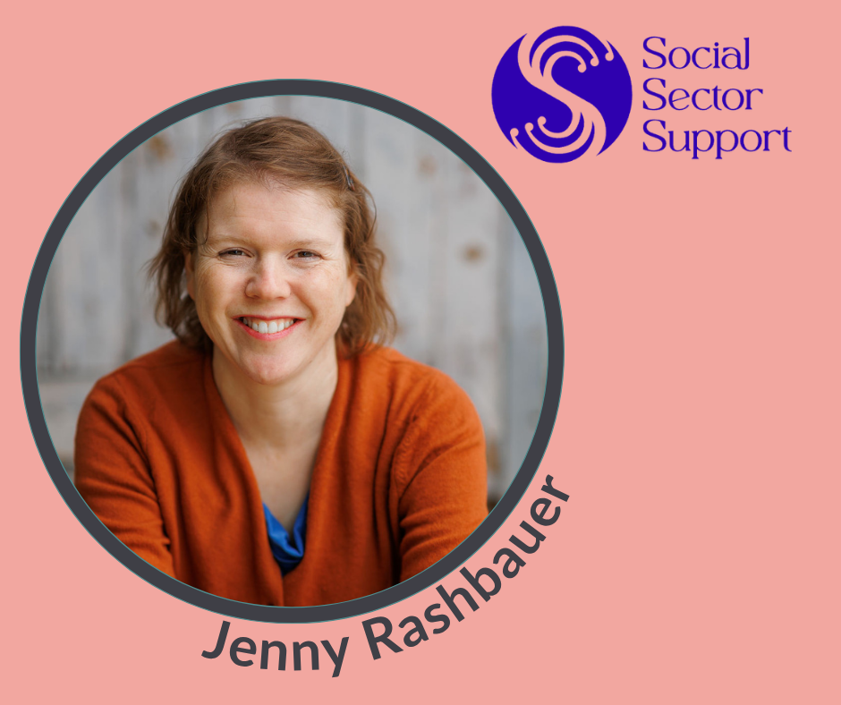 Pale pink graphic with circular framed photo of Jenny Rashbauer with Social Sector Support logo in blue in top right corner