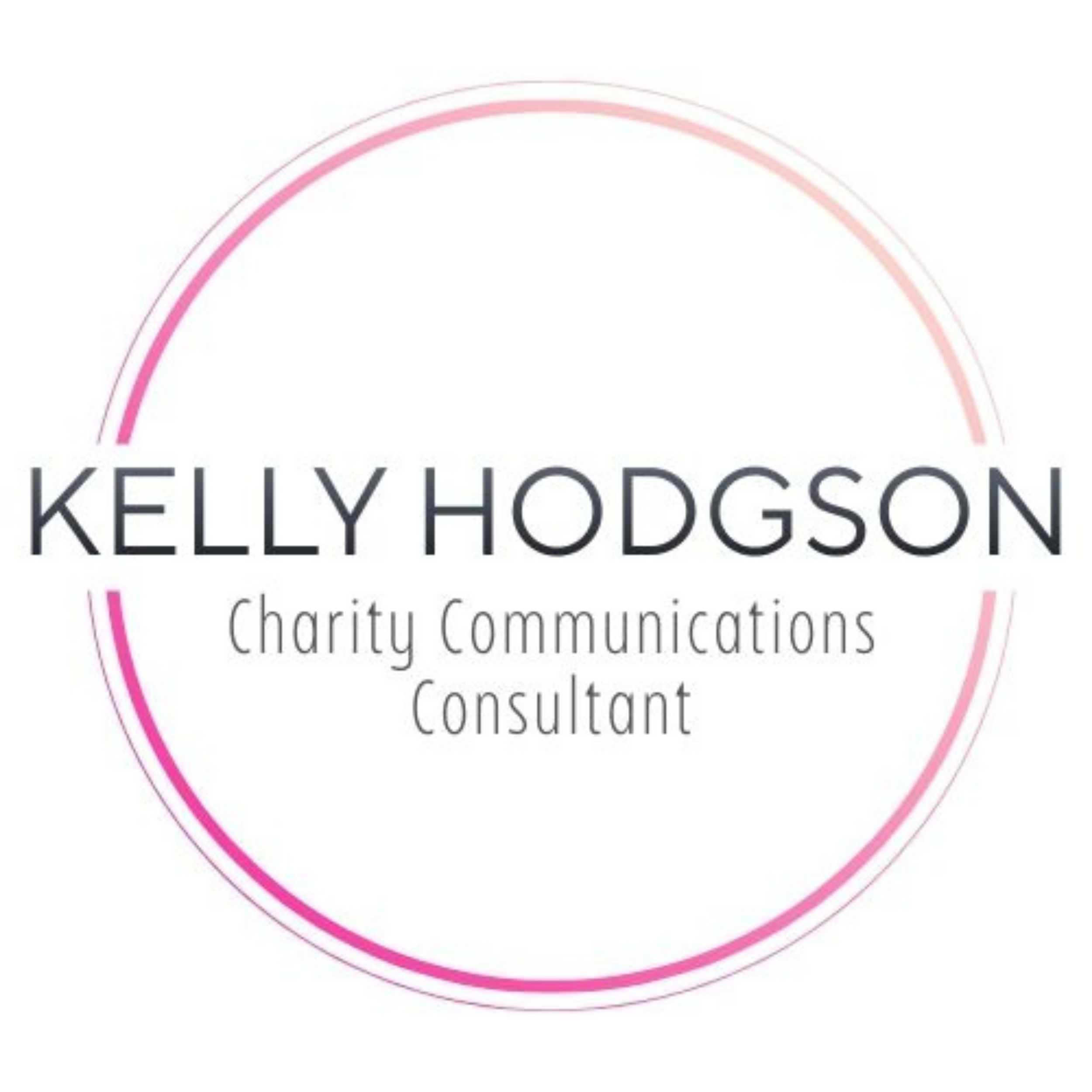 Logo for Kelly Hodgson, Charity Communications Consultant, featuring a pink circular border and text in black.