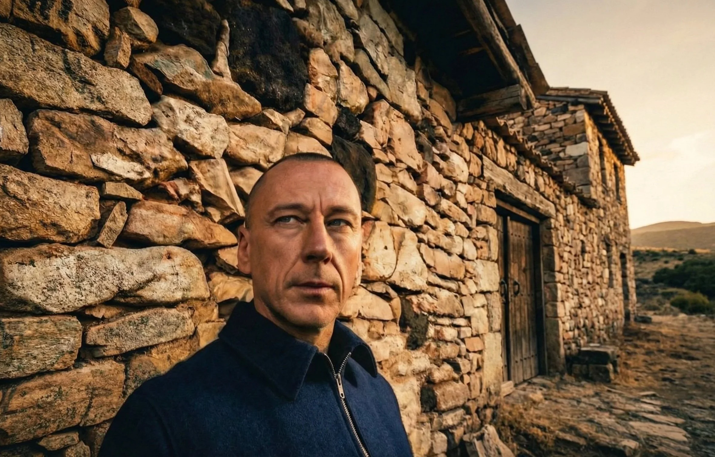 A man with a serious expression standing next to a stone wall at sunset, with a building made of similar stones in the background.