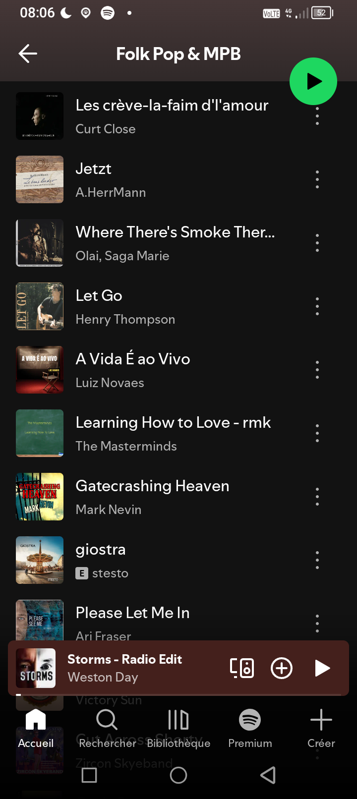 Screenshot of a Spotify playlist titled 'Folk Pop & MPB' showing several song titles and artists, with a player bar at the bottom playing 'Storms - Radio Edit' by Weston Day.