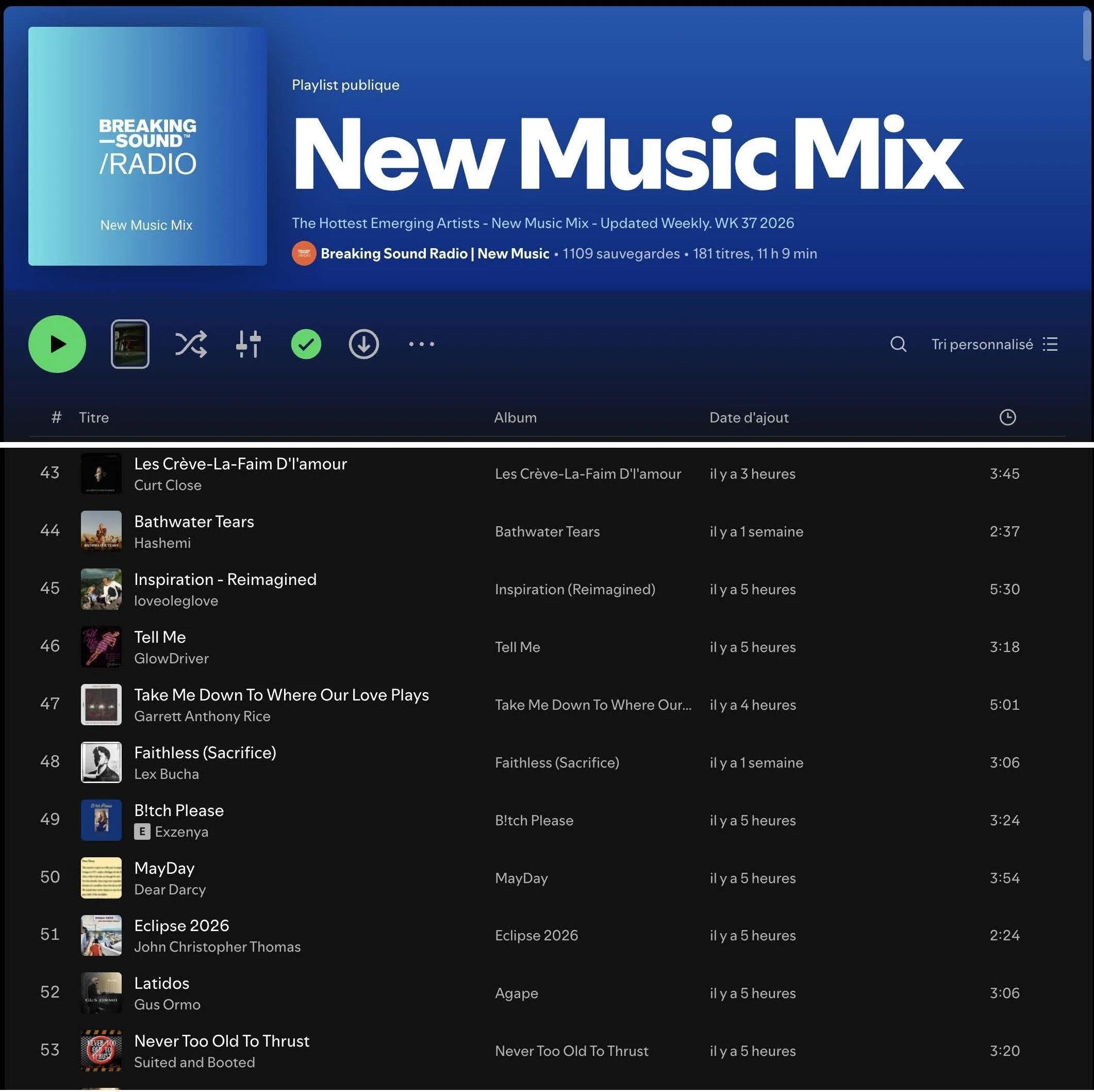 Screenshot of a music playlist interface titled "New Music Mix" with a blue background. The playlist includes various songs, albums, and artists with icons for playback, shuffle, repeat, and download options at the bottom. The song list features titl