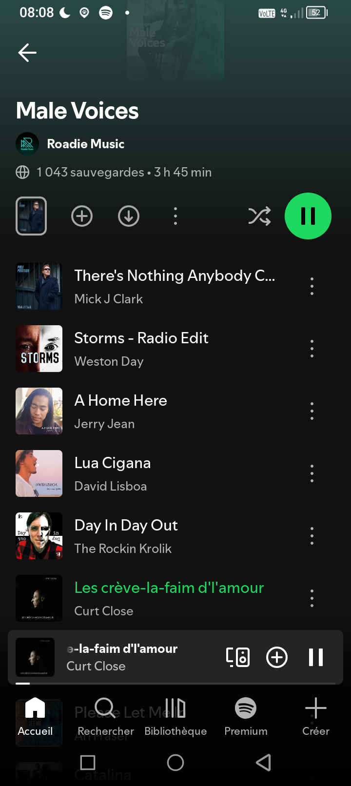 Screenshot of a music playlist on a mobile device titled 'Male Voices' with songs by Mick J Clark, Weston Day, Jerry Jean, David Lisboa, The Rockin Krolik, and Curt Close.