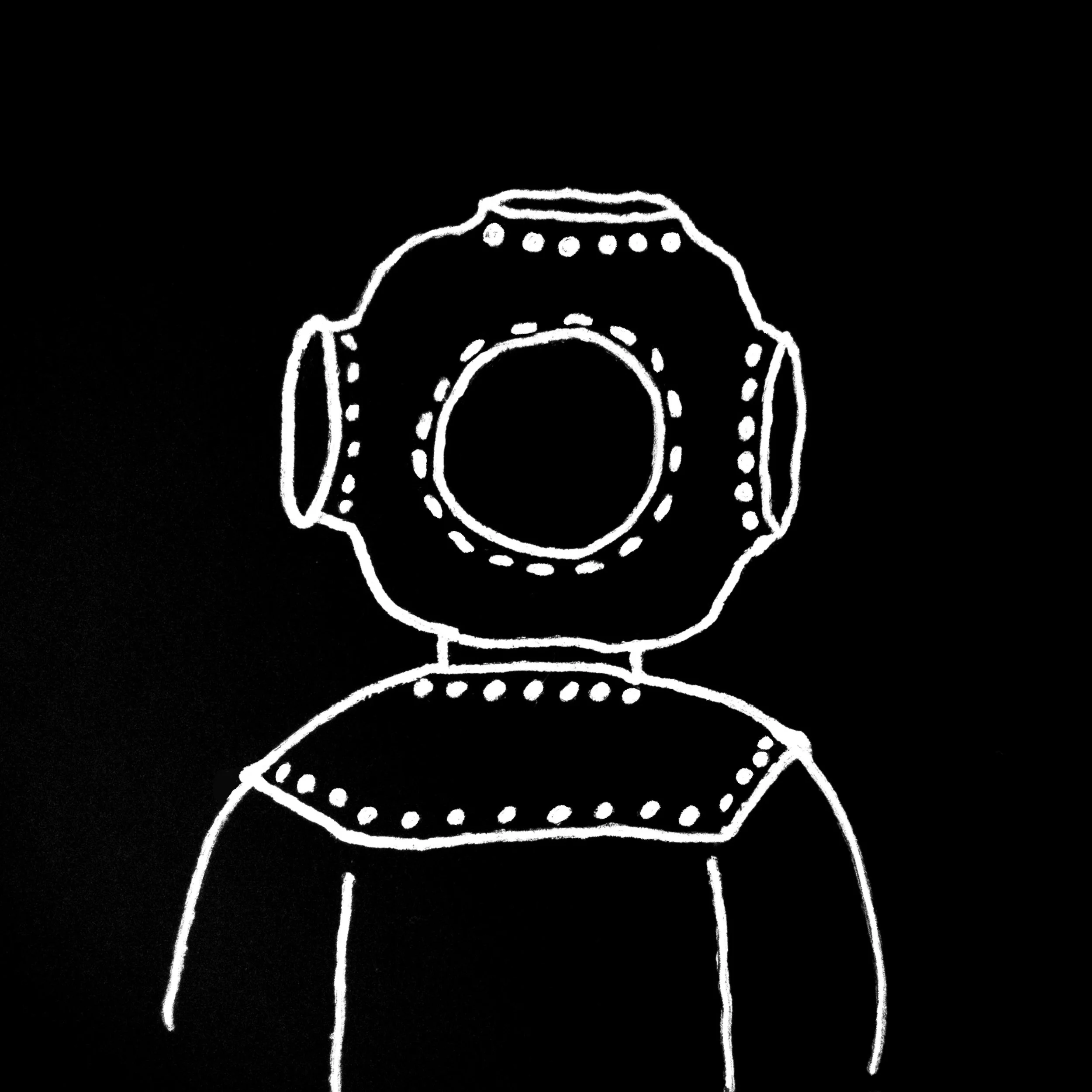 Инфантилна рисунка на старомоден, водолазен шлем, направена с бели линии върху черен фон.