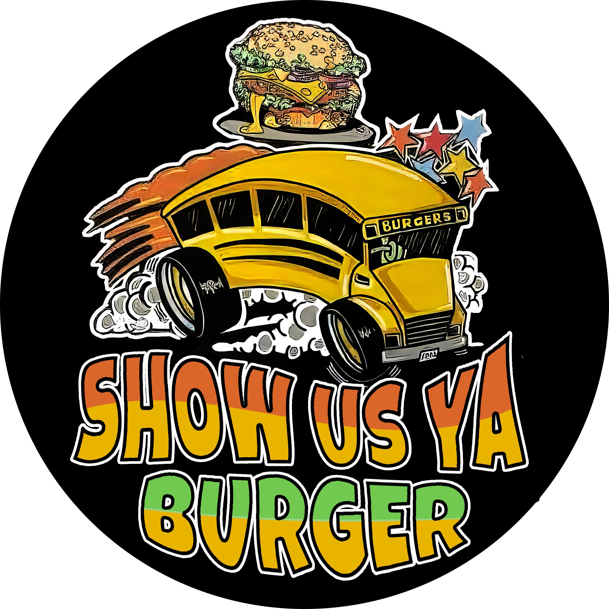 A logo with a yellow school bus, burger, fries, and soda cup, with the text "Show Us a Burger" and colorful stars on a black background.