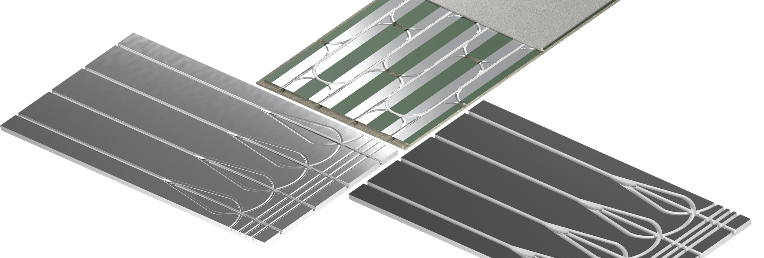 Picture of underfloor heating panels arranged together on flat surface. There is an XPS panel, a cement coated panel and a chipboard deck panel with cement cover.