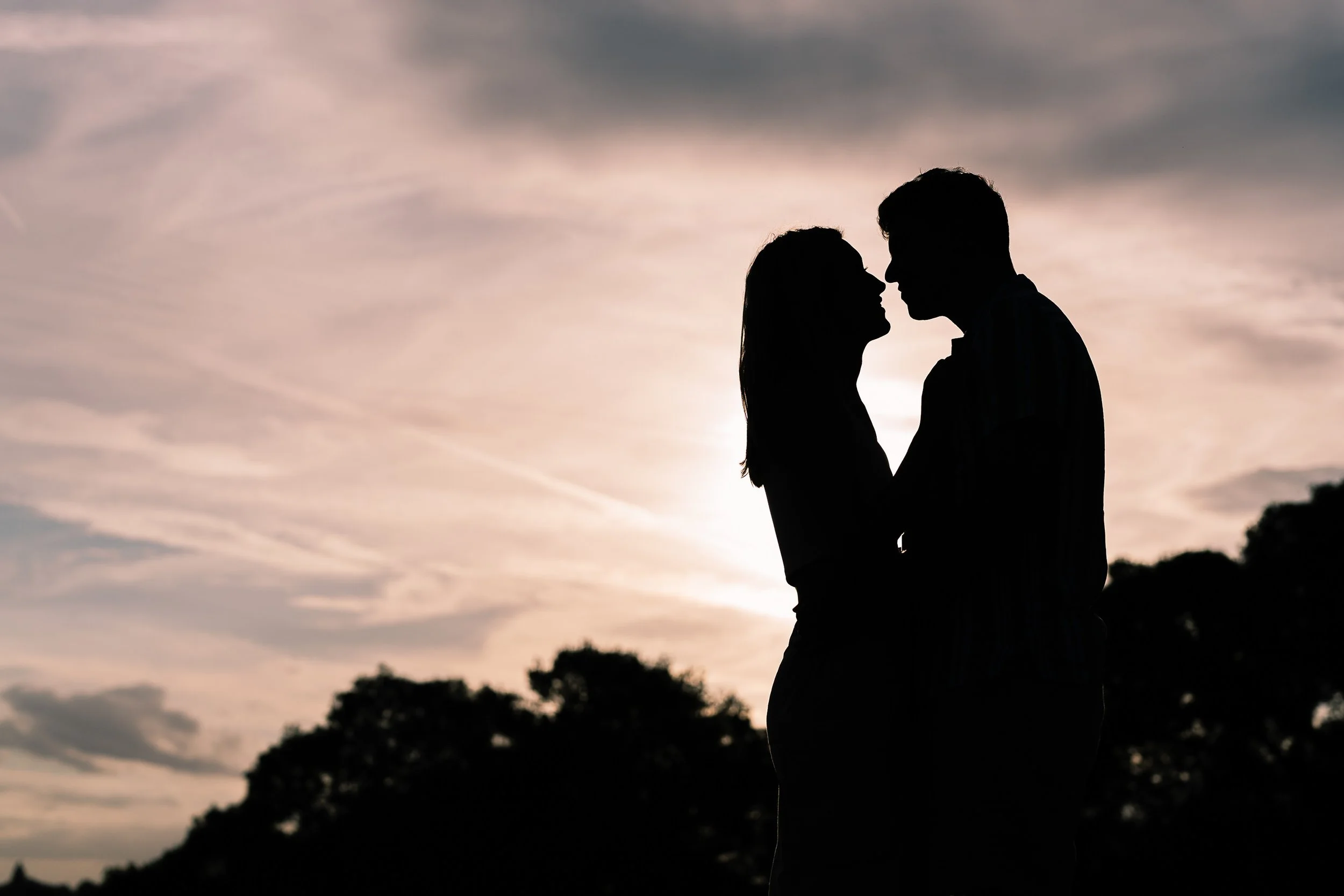Silhouette of a couple facing each other during sunset, standing outdoors with trees in the background.