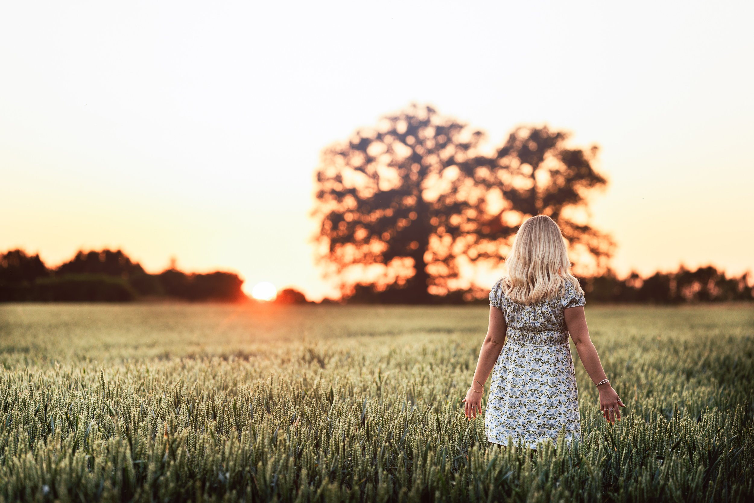A young girl with blonde hair in a floral dress standing in a wheat field at sunset, facing away from the camera towards a large tree.