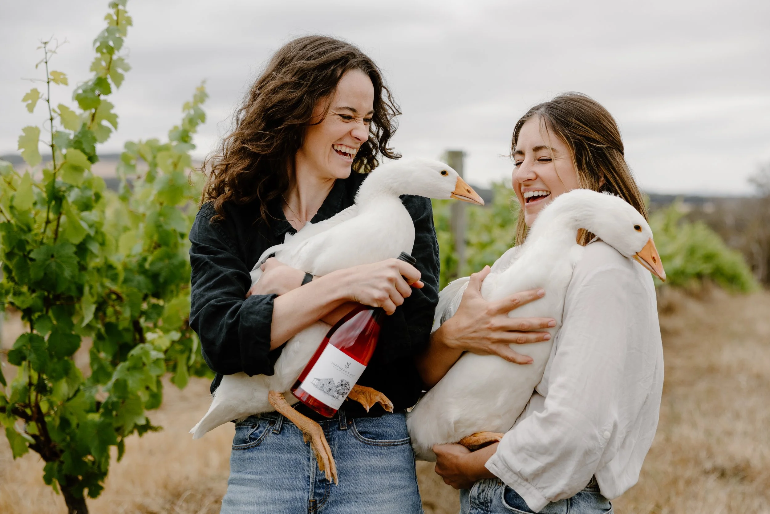 Two women smiling and holding two white geese outdoors, with grapevines and a cloudy sky in the background.