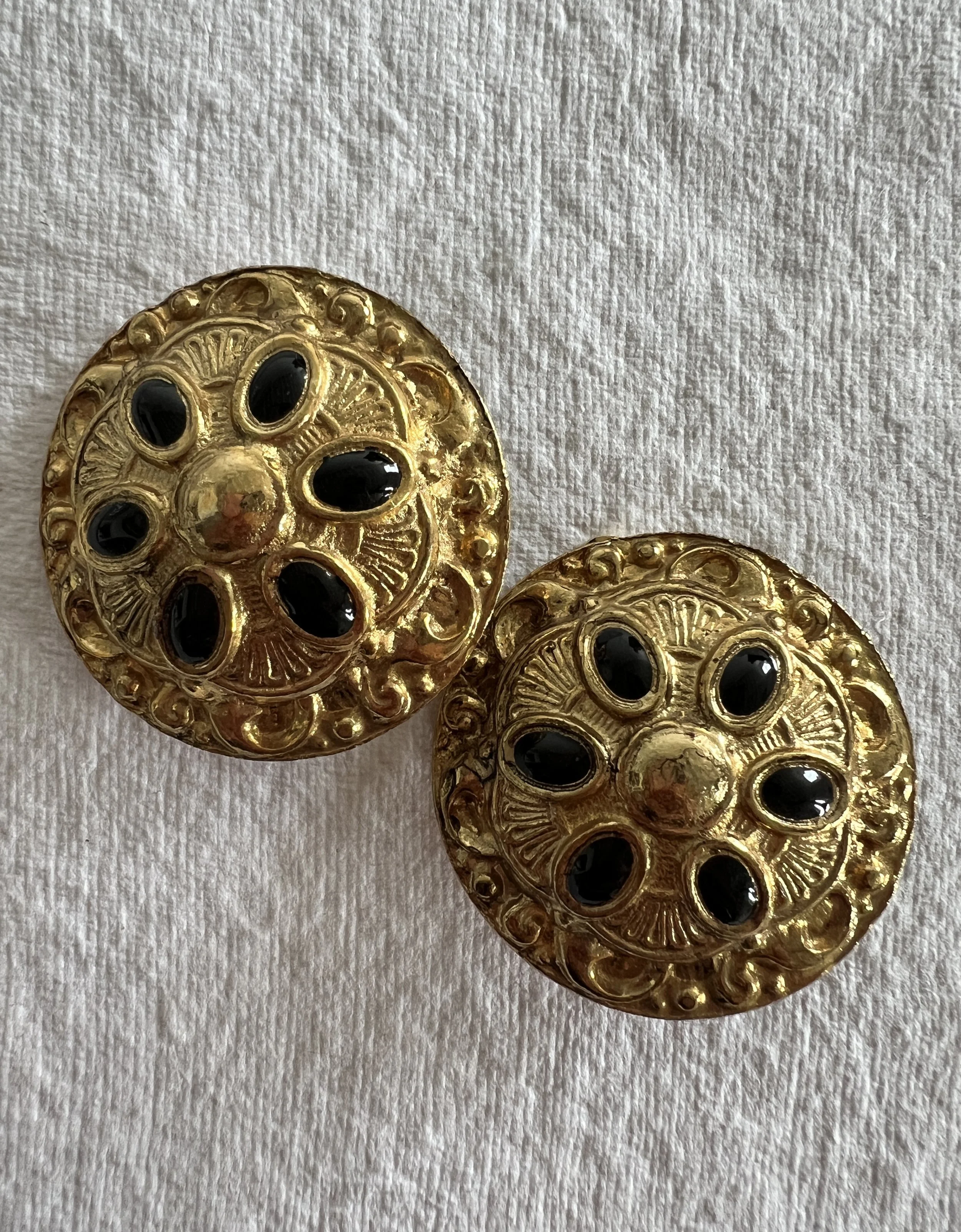 Frank Usher Gold and Black Shield Clip-On Earrings