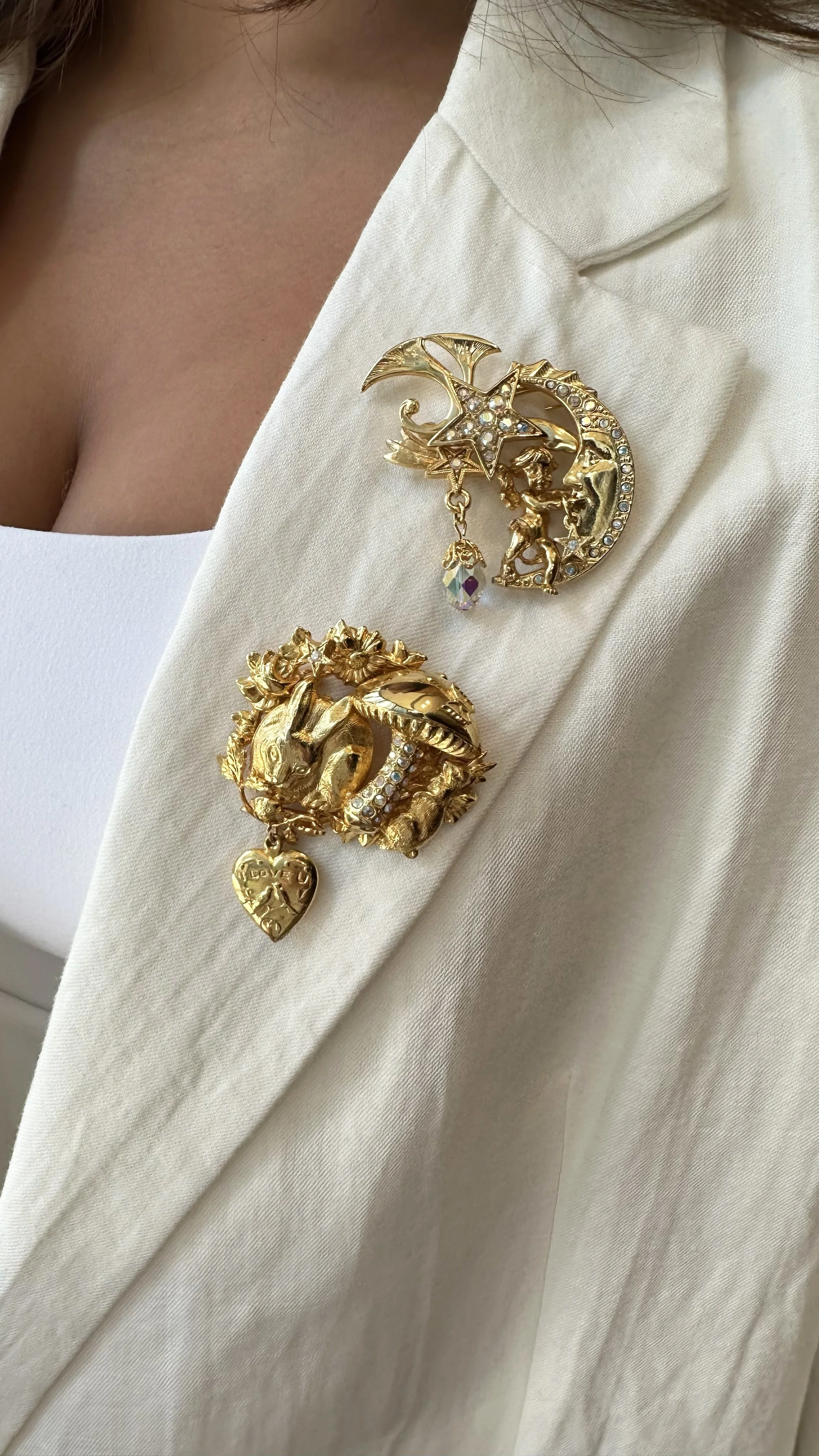 1990s Kirks Folly Cherub Moon Brooch & Woodland Heart Brooch