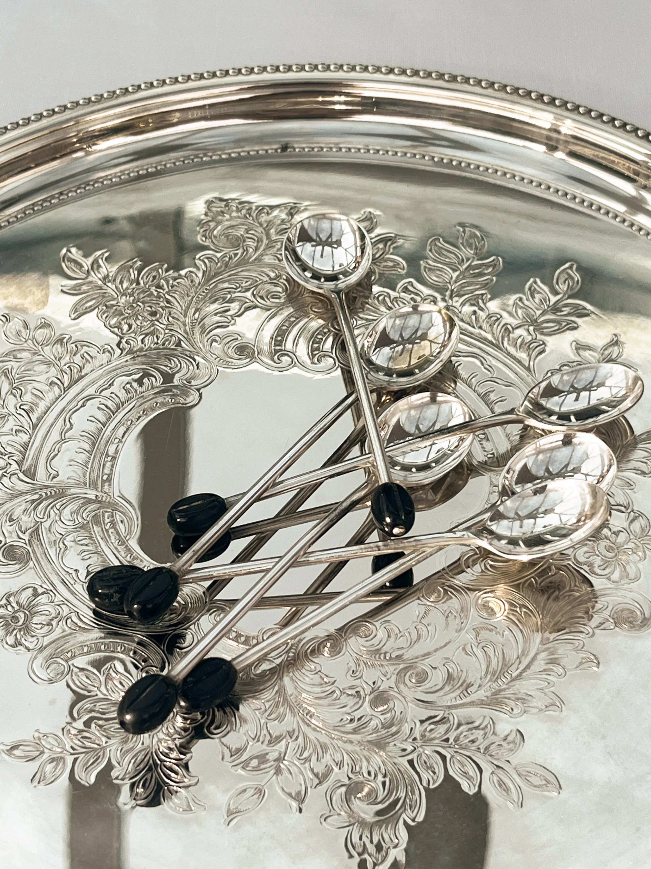 1930s ART DECO SILVER PLATED COFFEE SPOONS WITH BEAN TIPS.jpg