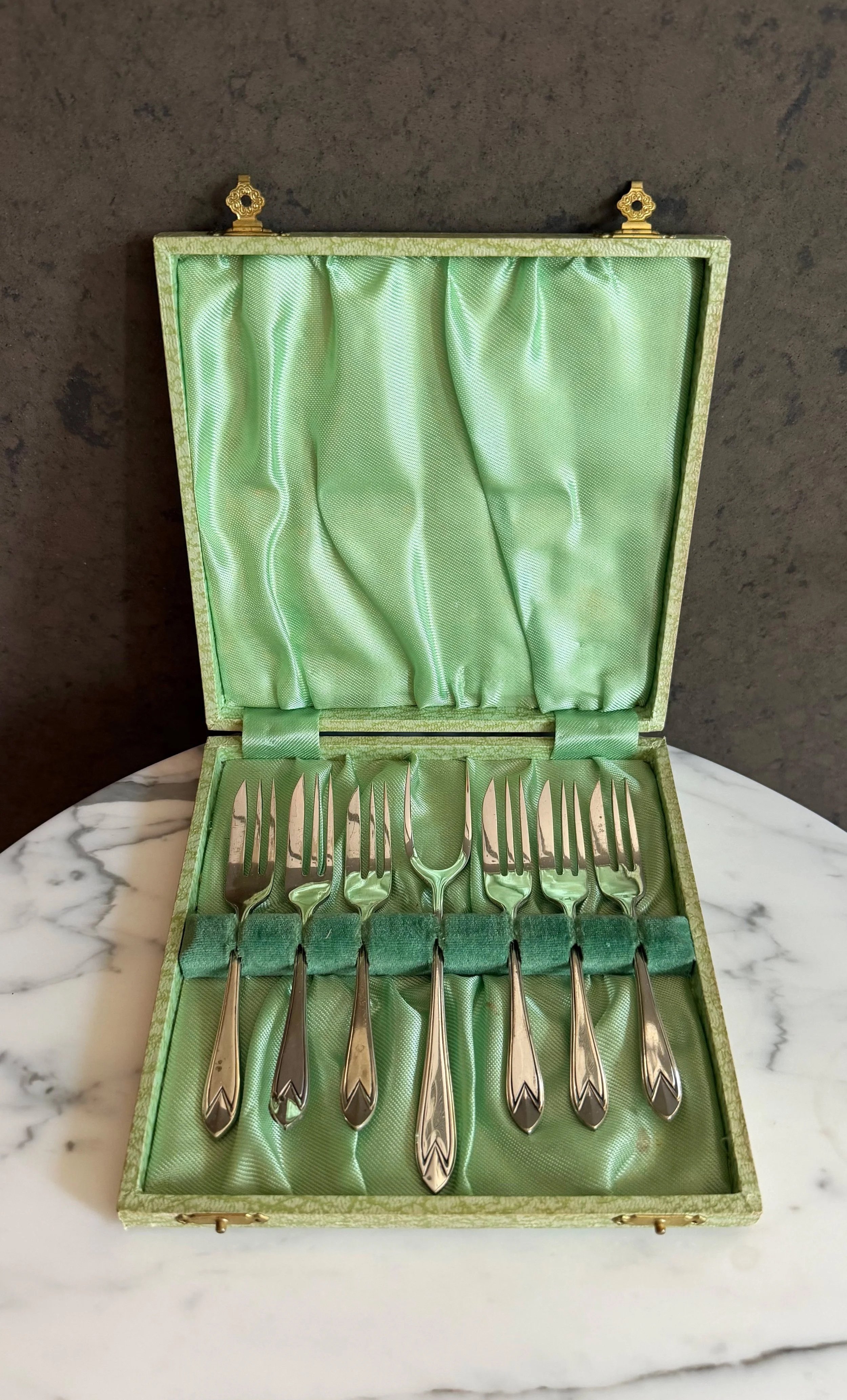 1970s Art Deco Dessert Fork Set In Satin Presentation Box