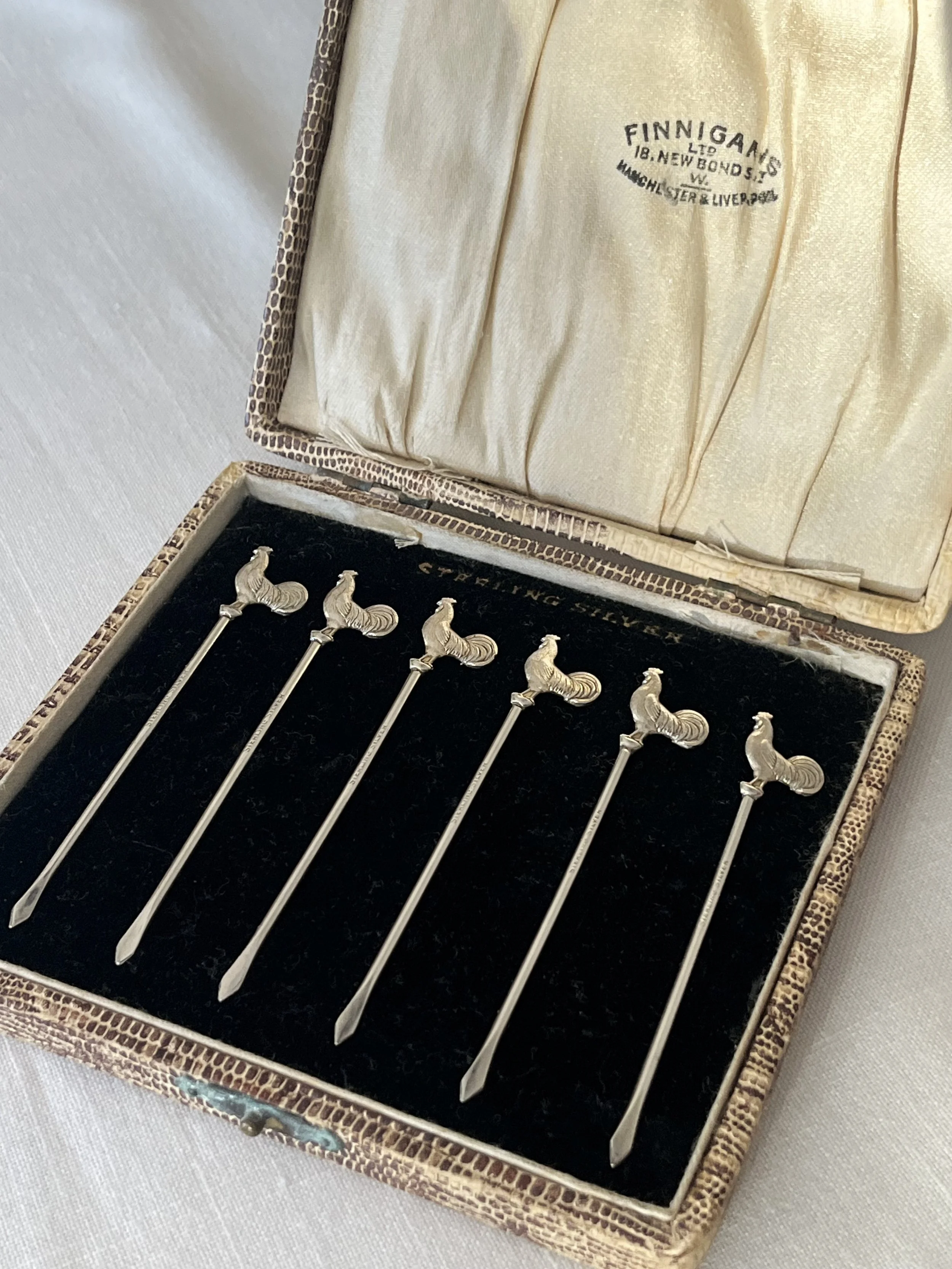 1920s Sterling Silver Cockerel Tipped Cocktail Sticks