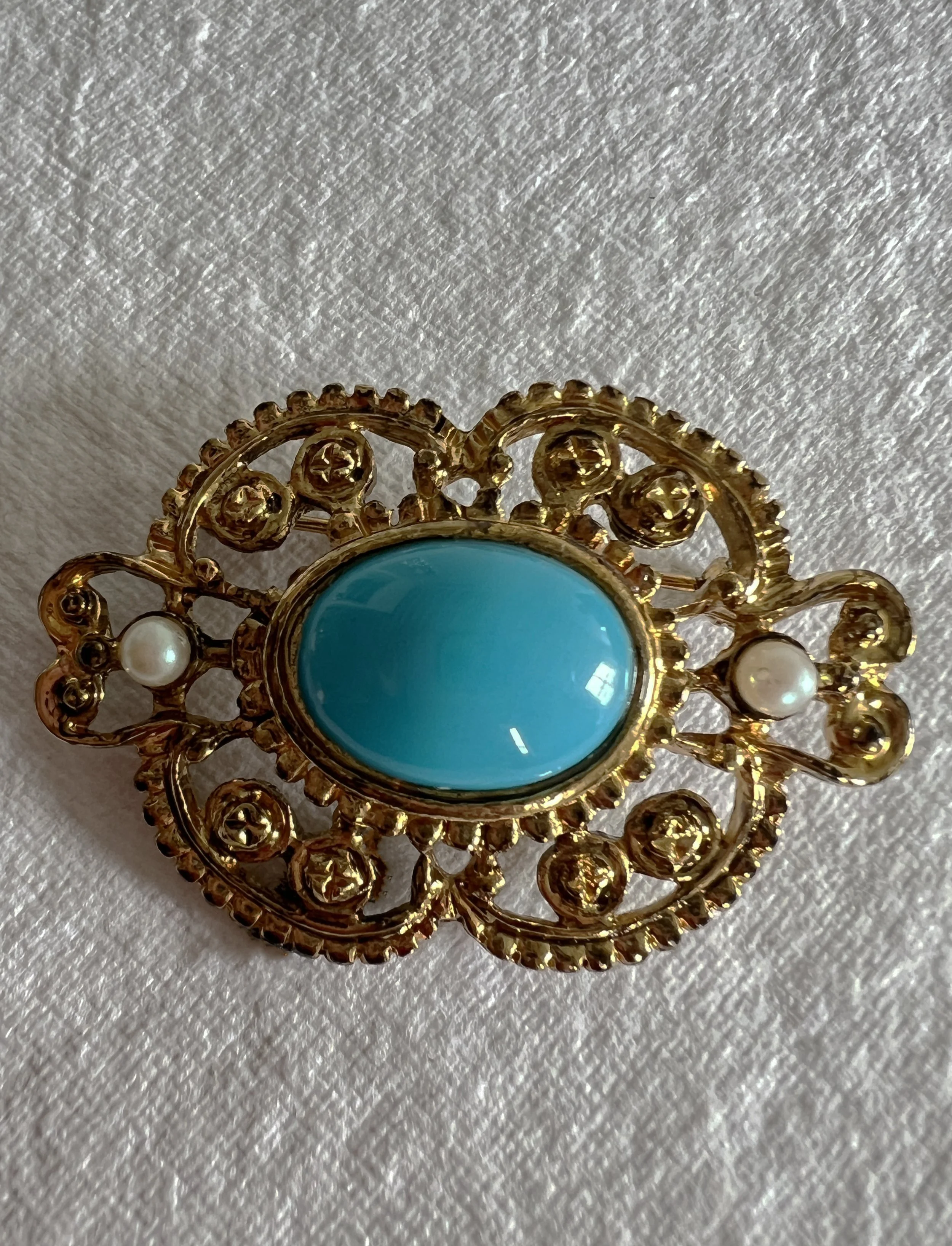 Ornate Turquoise and Gold Brooch