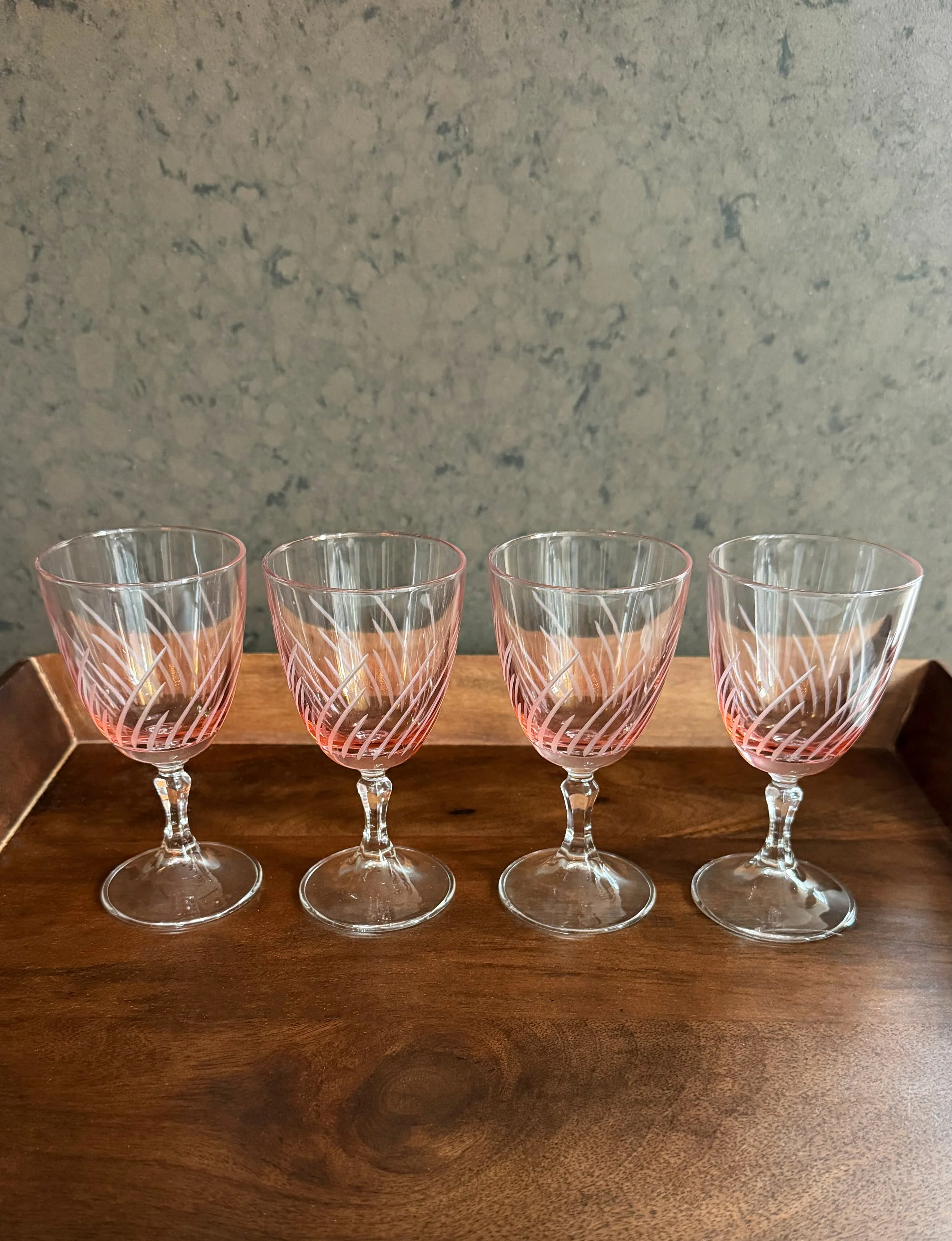1980s Etched Pink Wine Glasses