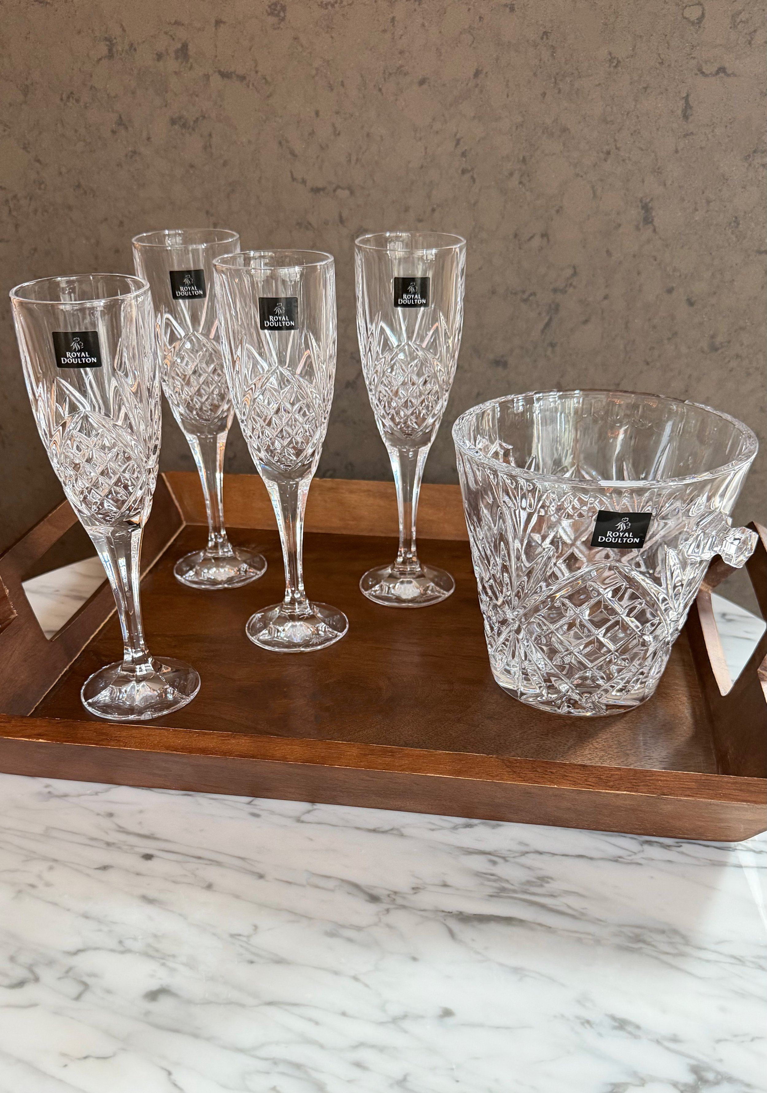 Royal Doulton Crystal Champagne Flutes and Ice Bucket